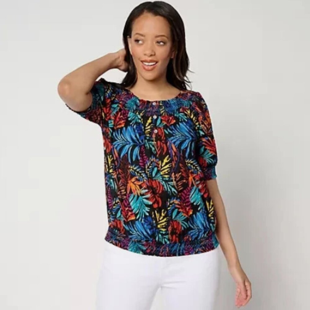 Destination 365 Printed Clip Jacquard Top w/Smocked Detail-Colorful-XXS-A653947